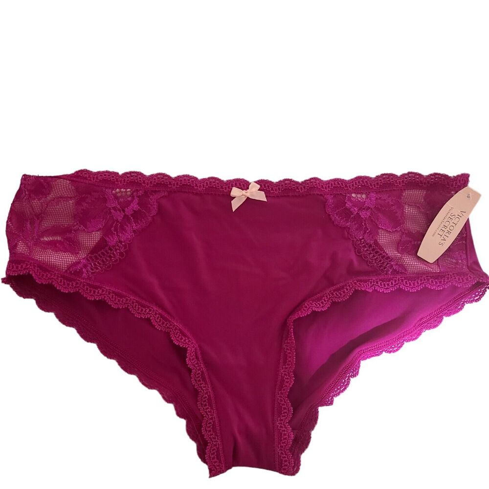 NWT Victoria's Secret Vintage Hip Hugger Panties S/P Lace Trim Bow‎ Hot Pink